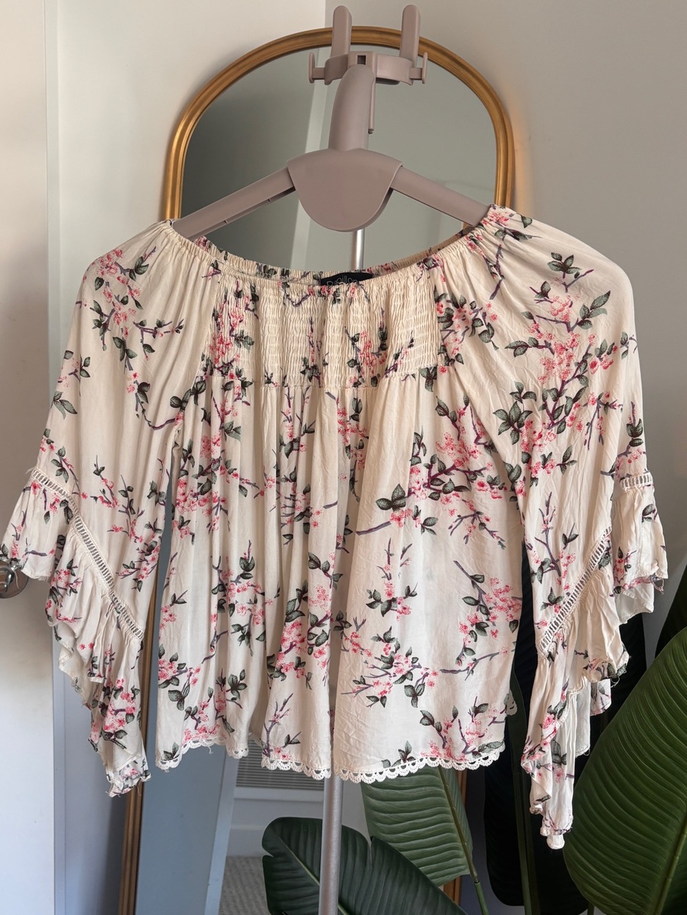 Papillon Blanc Cream Off-Shoulder Floral Blouse with Pink Blossoms